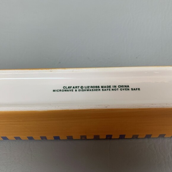 Clay Art Liz Ross Olive Dish Boat Yellow Purple Microwave Dishwasher Safe 16 3/8 - Picture 8 of 8